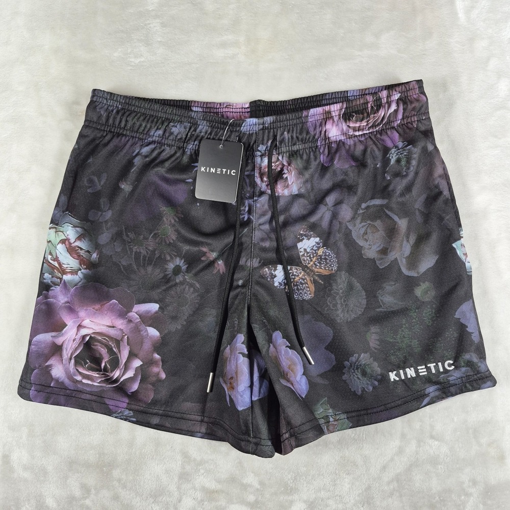 Kinetic Kings Shorts Men's Large Black Floral‎ Butterfly Gym Active Comfort NWT